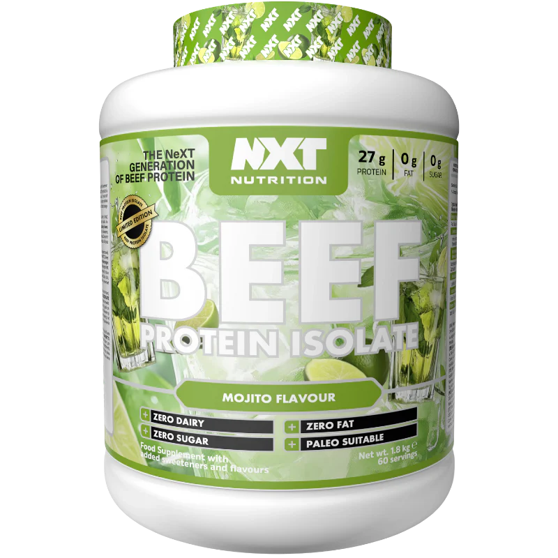 Container of NXT Nutrition beef protein isolate with Mojito flavour label. Assured_Supplements_Belfast_Northern_Ireland_Irish_ni_supplements_shape_shifter_myprotein_esn_elite_supps_discount_shapeshifter_NXT_Beef_protein_isolate_ mojito_1.8kg