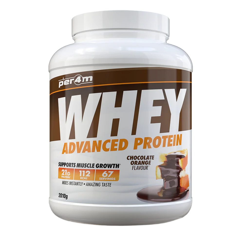 Assured Supplements Belfast Northern Ireland Irish NI Per4m Whey Advanced Protein Whey protein powder container with chocolate orange flavor on a white background