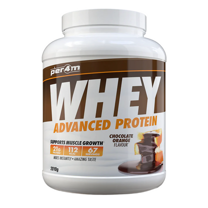 Assured Supplements Belfast Northern Ireland Irish NI Per4m Whey Advanced Protein Whey protein powder container with chocolate orange flavor on a white background