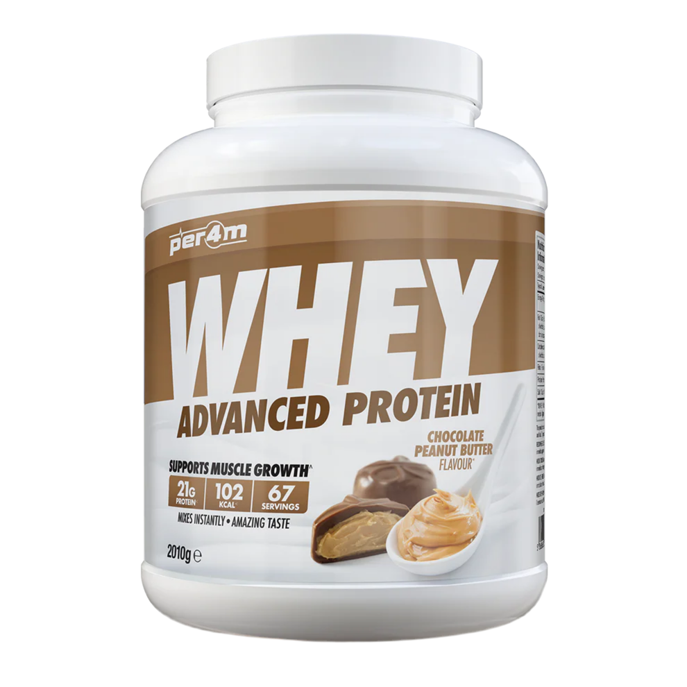 Assured Supplements Belfast Northern Ireland Irish NI Per4m Whey Advanced Protein Whey protein powder container with chocolate peanut butter flavor on a white background
