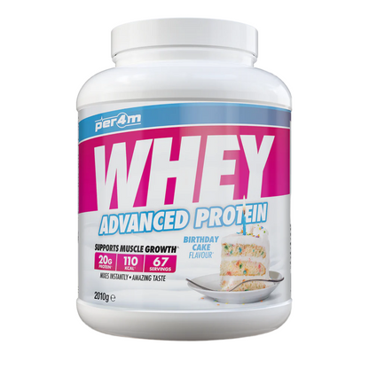 Assured Supplements Belfast Northern Ireland Irish NI Per4m Whey Advanced Protein Sports Nutrition Whey protein powder container with pink and white label on a white background