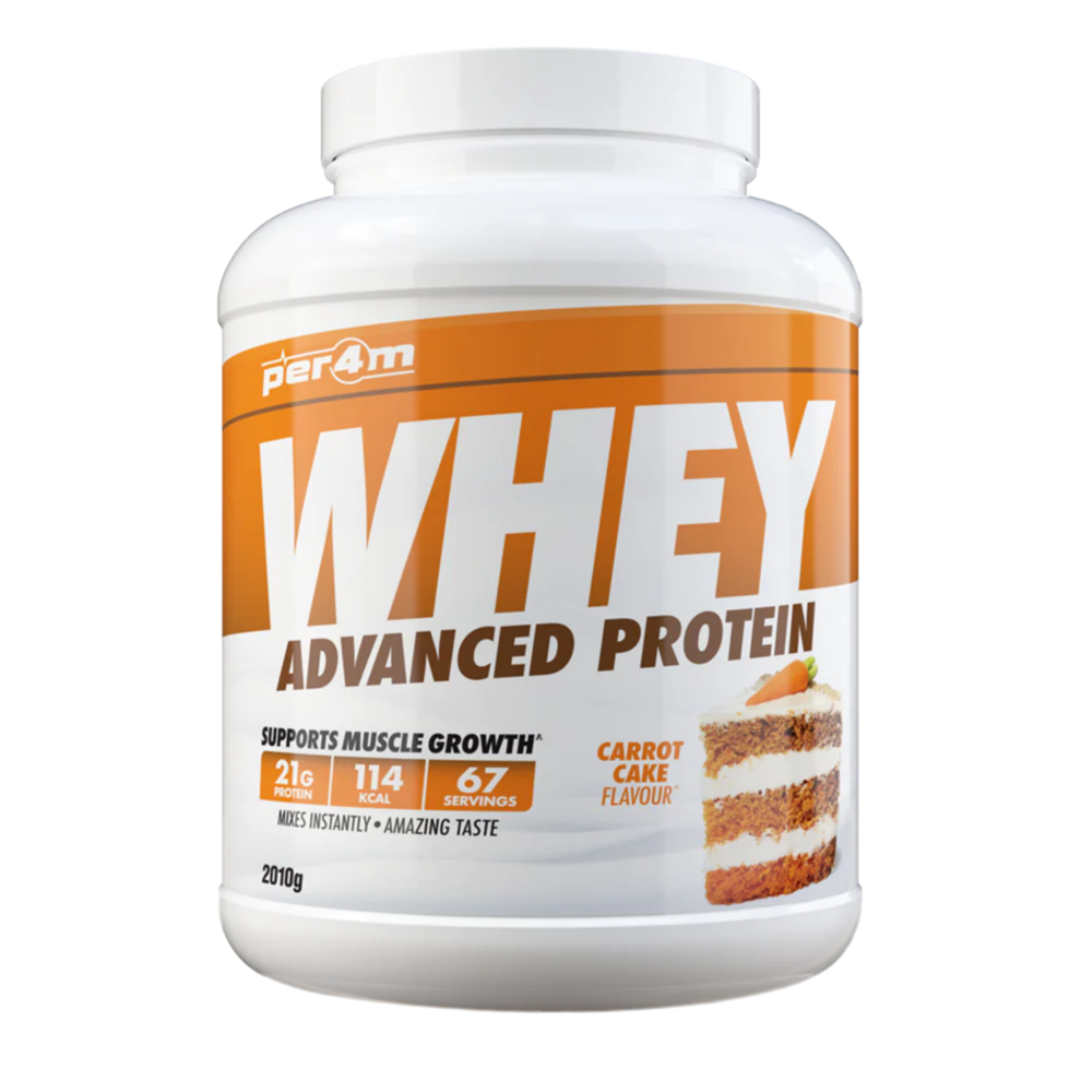 Assured Supplements Belfast Northern Ireland Irish NI Per4m Whey Advanced Protein Sports Nutrition Whey protein powder container with carrot cake flavor on a white background