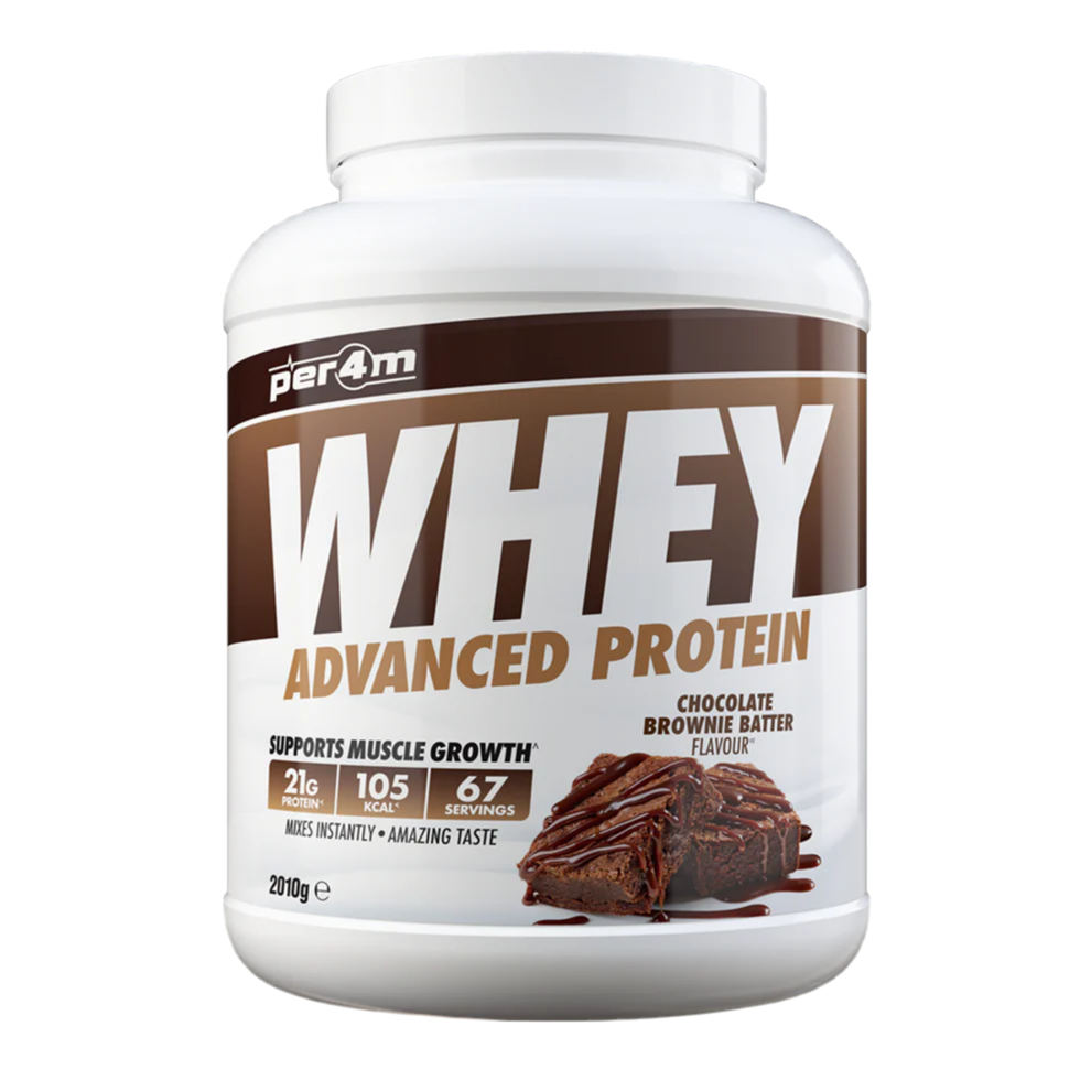 Assured Supplements Belfast Northern Ireland Irish NI Per4m Whey Advanced Protein Sports Nutrition Whey protein powder container with brown label on a white background