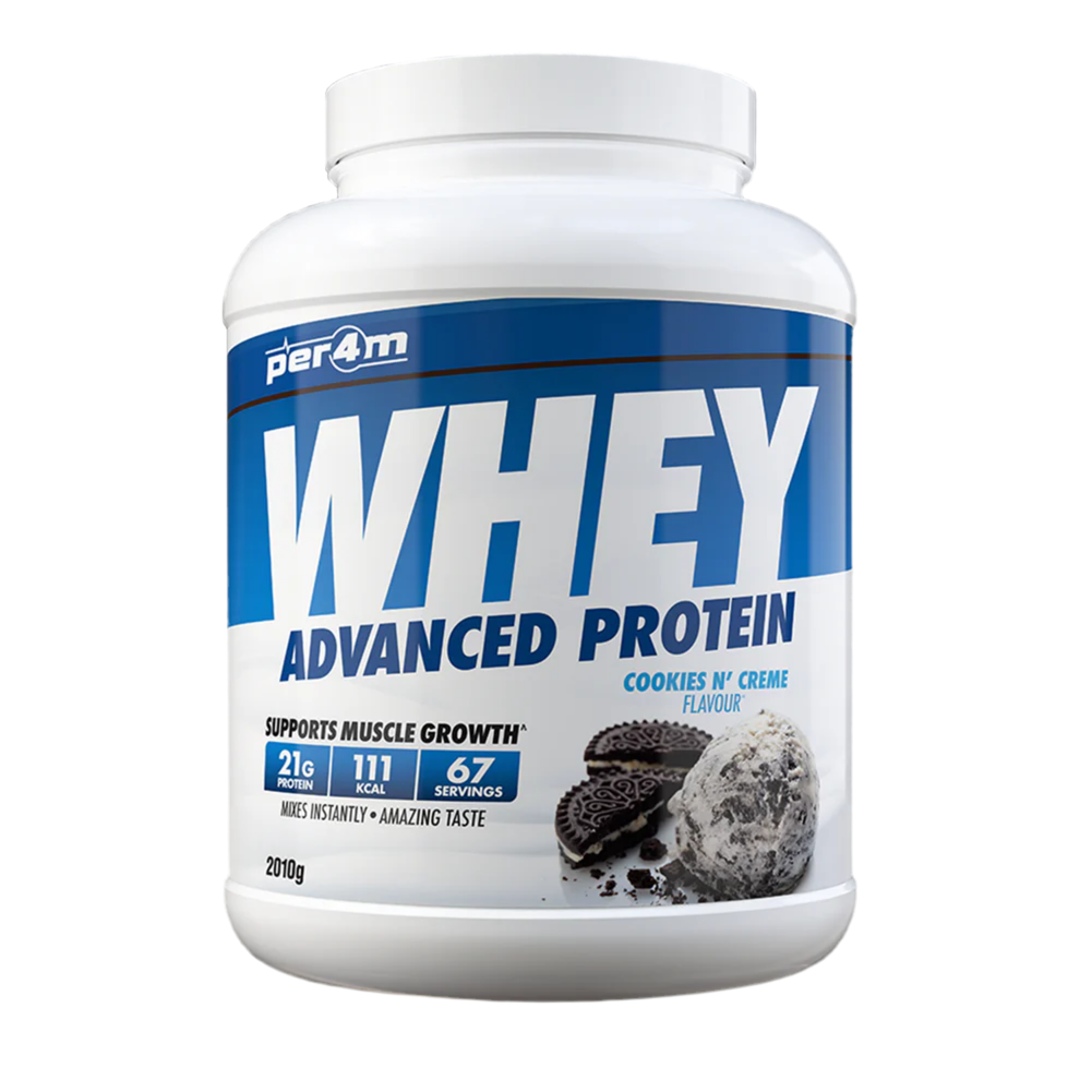 Assured Supplements Belfast Northern Ireland Irish NI Per4m Whey Advanced Protein Sports Nutrition Whey protein powder container with blue and white label on a white background