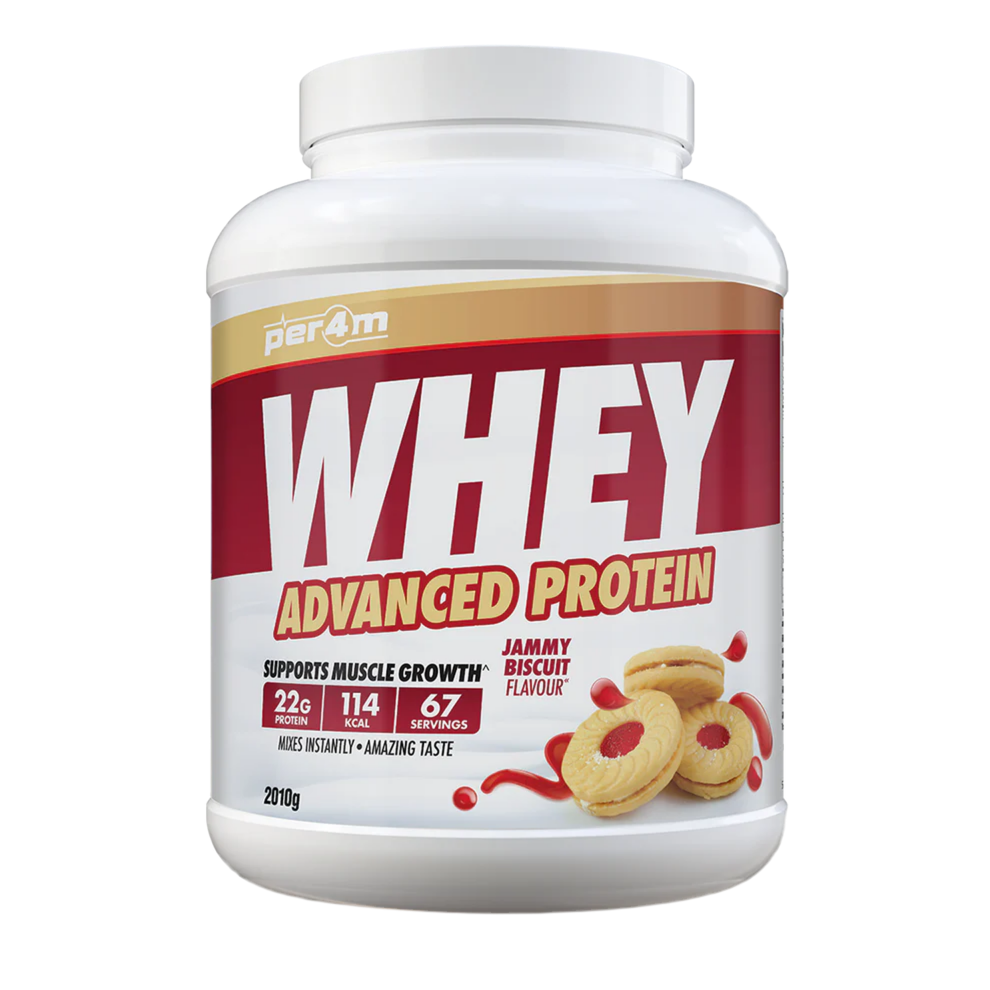 Assured Supplements Belfast Northern Ireland Irish NI Per4m Whey Advanced Protein Sports Nutrition Whey protein powder container with 'Per4m' branding on a white background