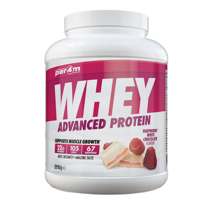 Assured Supplements Belfast Northern Ireland Irish NI Per4m Whey Advanced Protein Sports Nutrition Whey protein powder container with raspberry white chocolate flavor on a white background