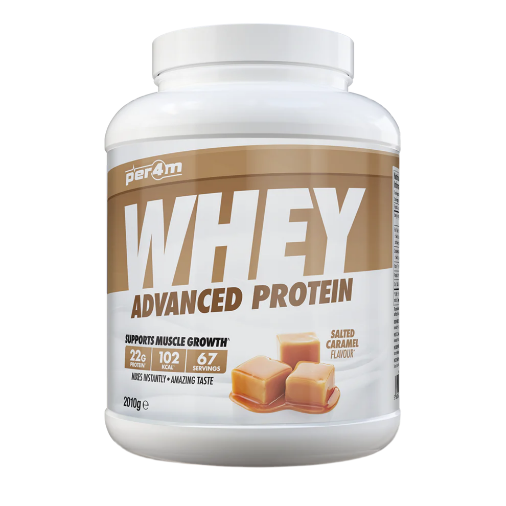 Assured Supplements Belfast Northern Ireland Irish NI Per4m Whey Advanced Protein Sports Nutrition Whey protein powder container with caramel flavor on a white background