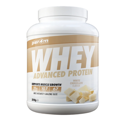 Assured Supplements Belfast Northern Ireland Irish NI Per4m Whey Advanced Protein Sports Nutrition Whey protein powder container with white and gold label on a white background