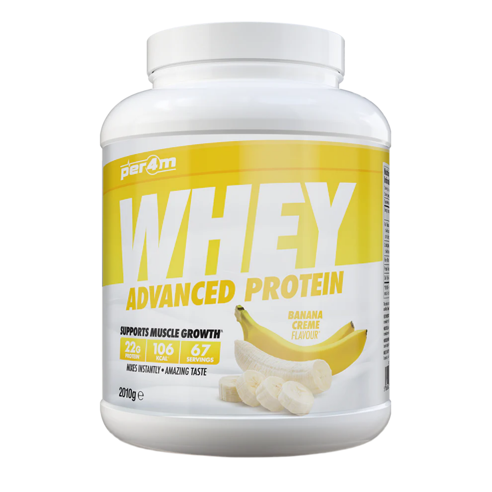 Assured Supplements Belfast Northern Ireland Irish NI Per4m Whey Advanced Protein Sports Nutrition Whey protein powder container with banana flavor on a white background