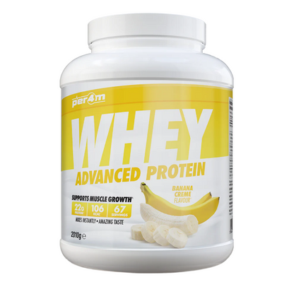 Assured Supplements Belfast Northern Ireland Irish NI Per4m Whey Advanced Protein Sports Nutrition Whey protein powder container with banana flavor on a white background