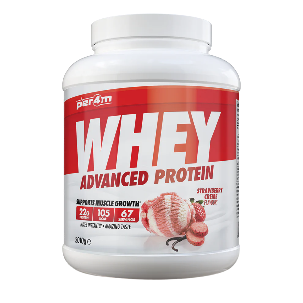 Assured Supplements Belfast Northern Ireland Irish NI Per4m Whey Advanced Protein Whey protein powder container with strawberry cream flavor on a white background 
