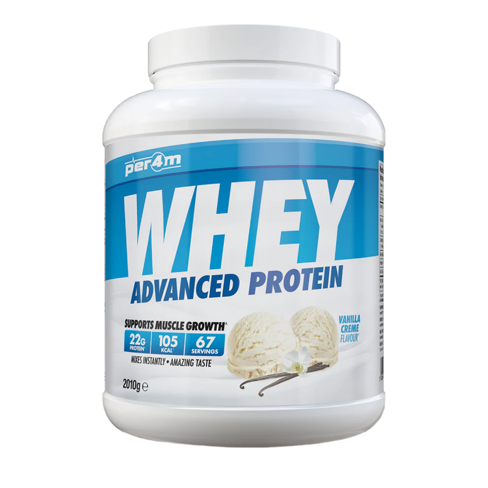 Assured Supplements Belfast Northern Ireland Irish NI Per4m Whey Advanced Protein Container of whey protein powder with blue and white label on a white background