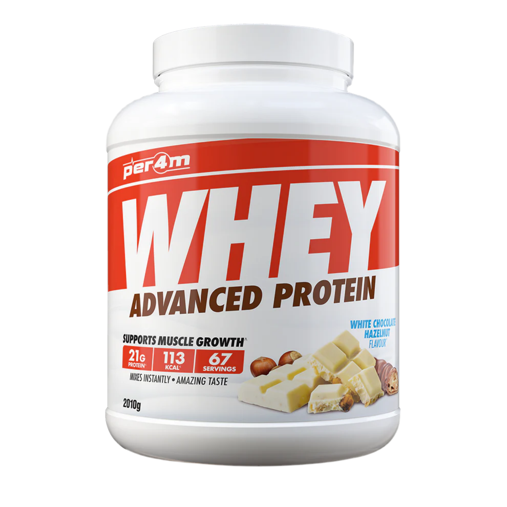 Assured Supplements Belfast Northern Ireland Irish NI Per4m Whey Advanced Protein Whey protein powder container with white and red label on a white background