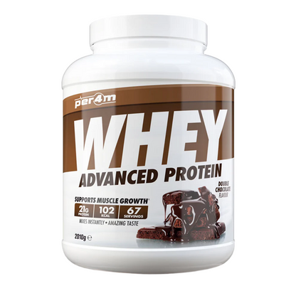 Assured Supplements Belfast Northern Ireland Irish NI Per4m Whey Advanced Protein Whey protein powder container with chocolate flavor on a white background