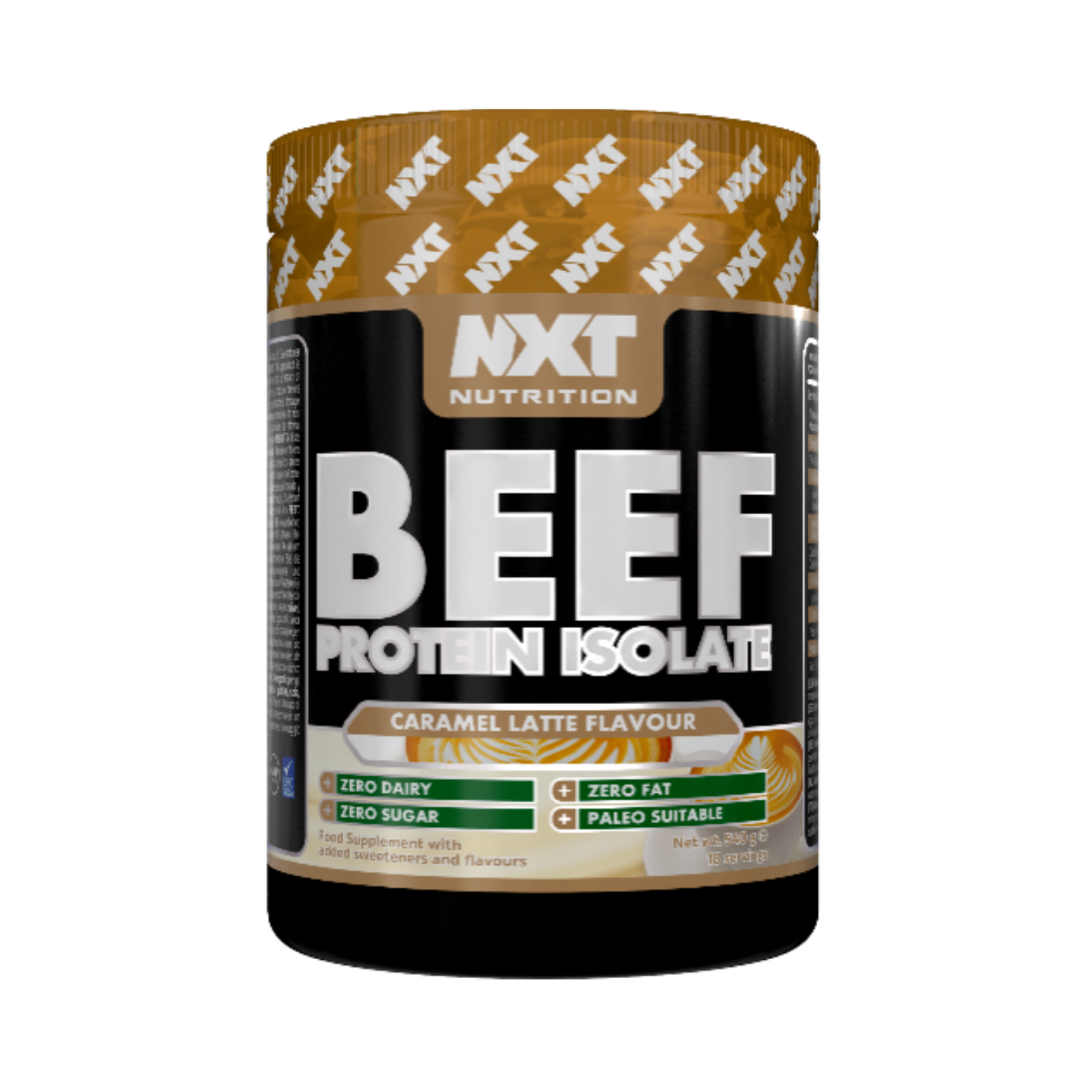 A container of NXT Nutrition BEEF Protein Isolate in caramel latte flavour. The container is predominantly brown and black with the brand name and product name displayed prominently. Assured_Supplements_Belfast_Northern_Ireland_Irish_ni_supplements_shape_shifter_myprotein_esn_elite_supps_discount_shapeshifter_NXT_Beef_protein_isolate__1.8kg_caramel latte