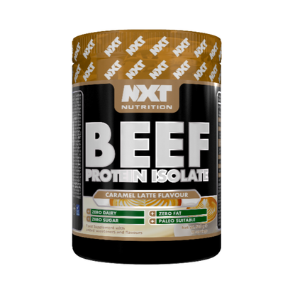 A container of NXT Nutrition BEEF Protein Isolate in caramel latte flavour. The container is predominantly brown and black with the brand name and product name displayed prominently. Assured_Supplements_Belfast_Northern_Ireland_Irish_ni_supplements_shape_shifter_myprotein_esn_elite_supps_discount_shapeshifter_NXT_Beef_protein_isolate__1.8kg_caramel latte