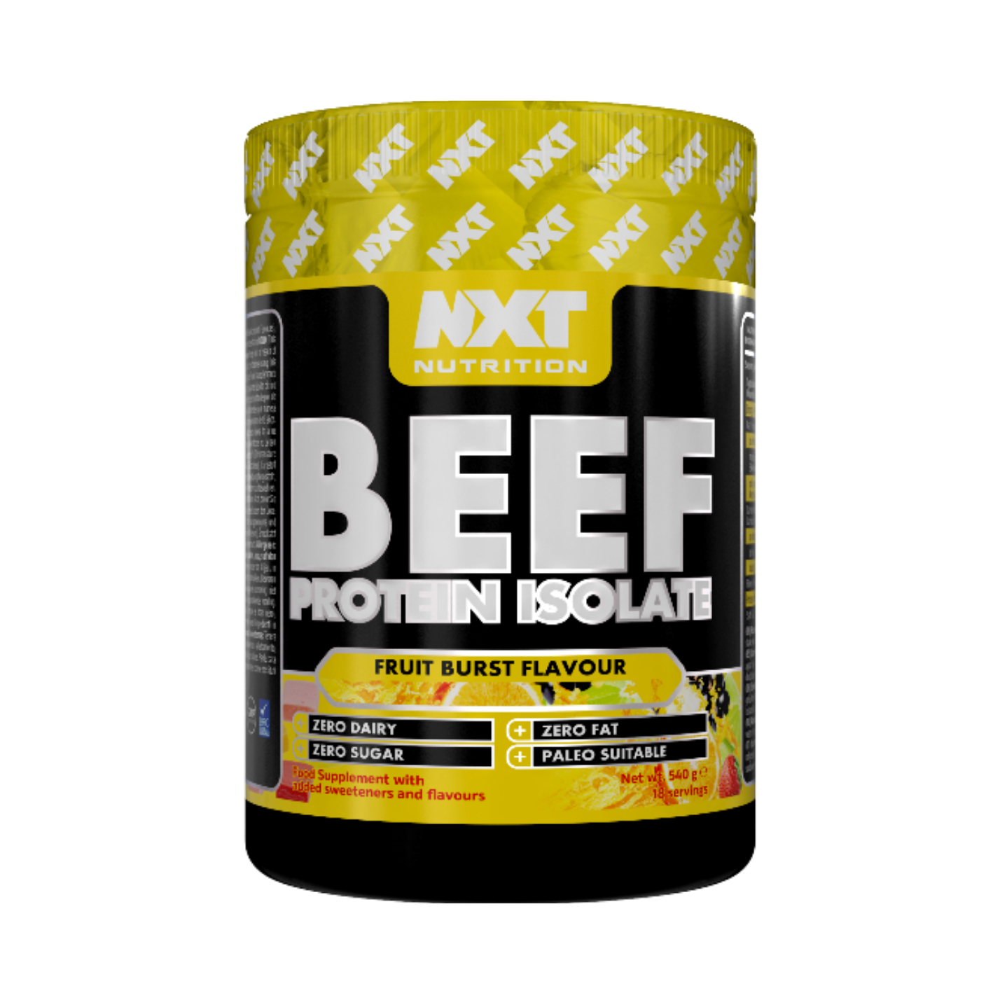 A container of NXT Nutrition BEEF Protein Isolate in Pineapple Cooler flavour. The container is predominantly yellow and black with the brand name and product name displayed prominently. Assured_Supplements_Belfast_Northern_Ireland_Irish_ni_supplements_shape_shifter_myprotein_esn_elite_supps_discount_shapeshifter_NXT_Beef_protein_isolate__1.8kg_fruit burst