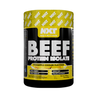 A container of NXT Nutrition BEEF Protein Isolate in Pineapple Cooler flavour. The container is predominantly yellow and black with the brand name and product name displayed prominently. Assured_Supplements_Belfast_Northern_Ireland_Irish_ni_supplements_shape_shifter_myprotein_esn_elite_supps_discount_shapeshifter_NXT_Beef_protein_isolate__1.8kg_pineapple cooler