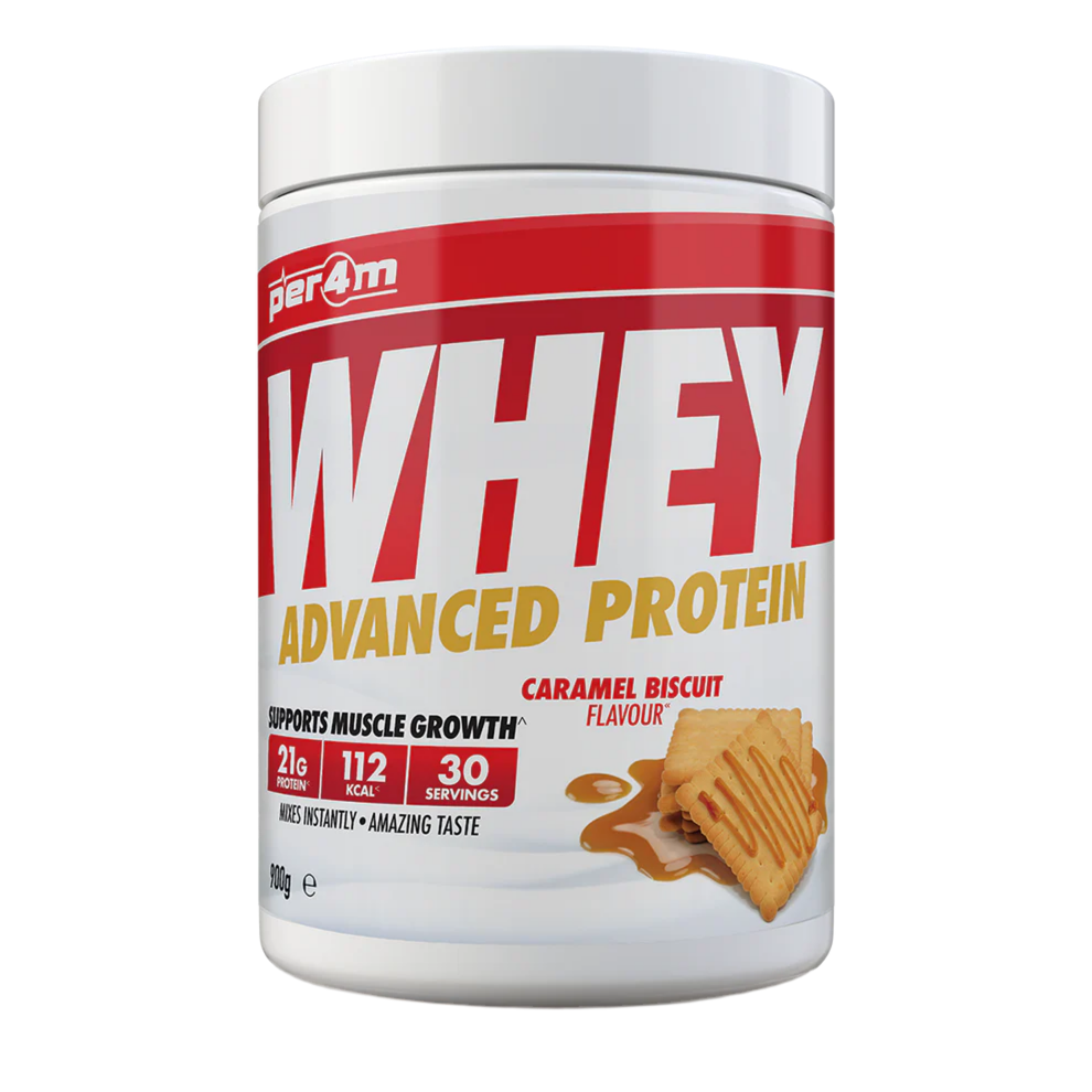 Whey protein powder container with caramel biscuit flavor on a white background Assured Supplements Belfast Northern Ireland Irish ni supplements shape shifter myprotein esn elite supps discount shapeshifter