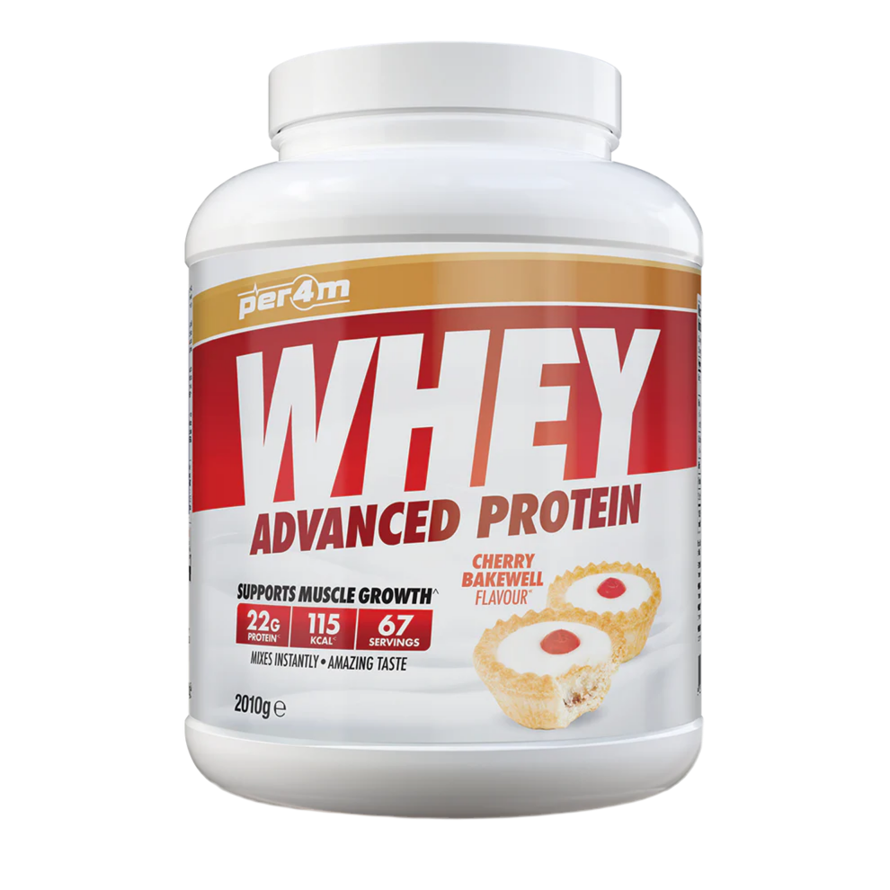 Whey protein powder container with cherry bakewell flavor on a white background Assured Supplements Belfast Northern Ireland Irish ni supplements shape shifter myprotein esn elite supps discount shapeshifter