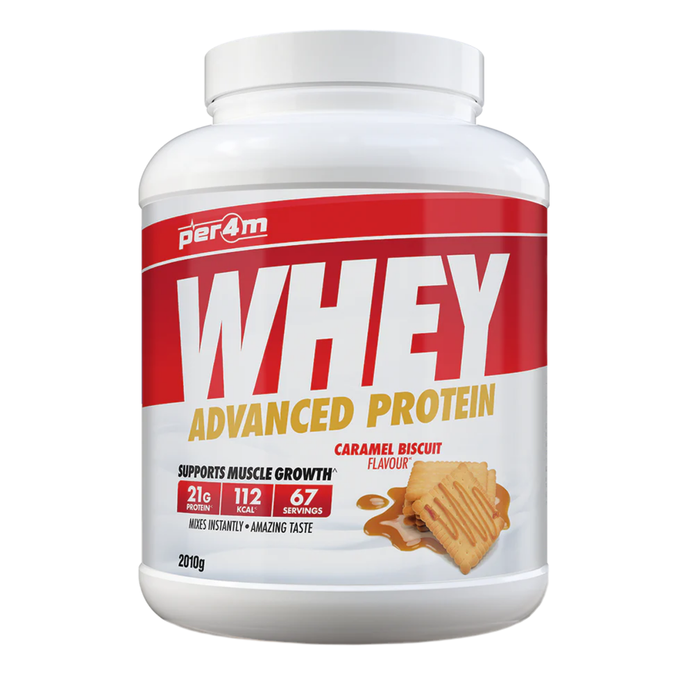 per4m Whey protein powder container with caramel biscuit flavor on a white background Assured Supplements Belfast Northern Ireland Irish NI 