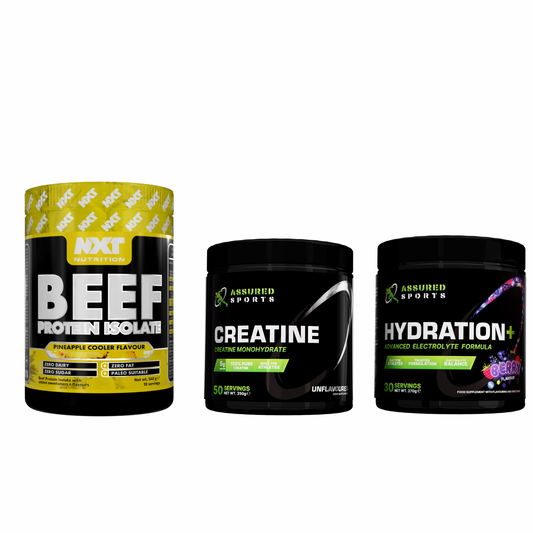 NXT Nutrition Beef Protein Isolate 540g, Assured Sports Creatine and Hydration+ bundle