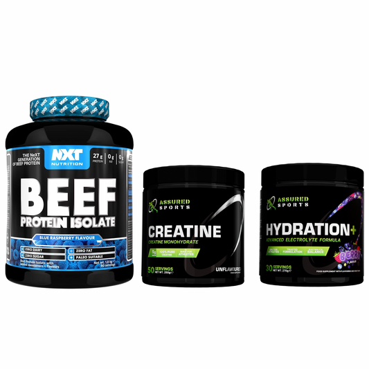 NXT Nutrition Beef Protein Isolate 1.8kg, Assured Sports Creatine and Hydration+ bundle
